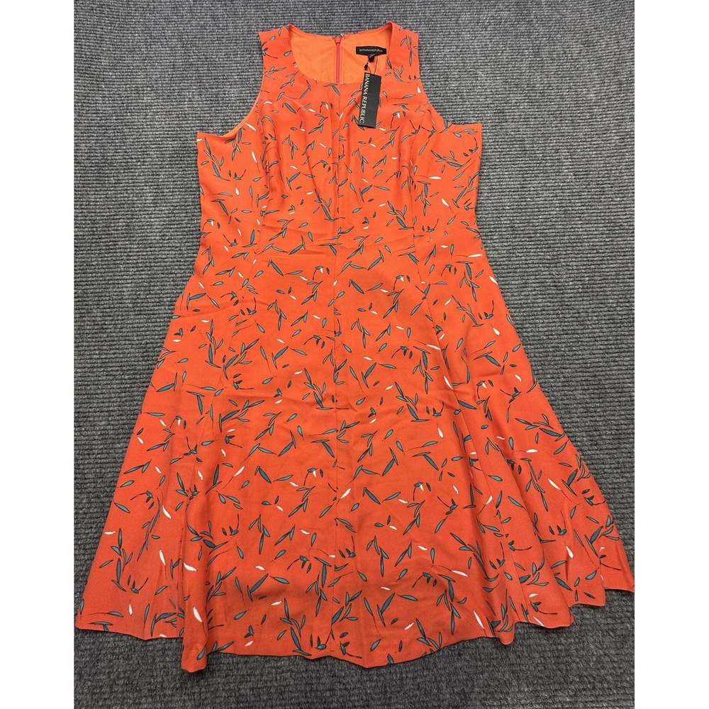 Banana Republic Dress Women 14 Orange Leaf Print Sleeveless Fit Flare A Line New